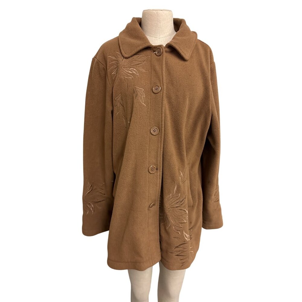 Susan Graver Womens L Embroidered Button-Front Brown Fleece Jacket
